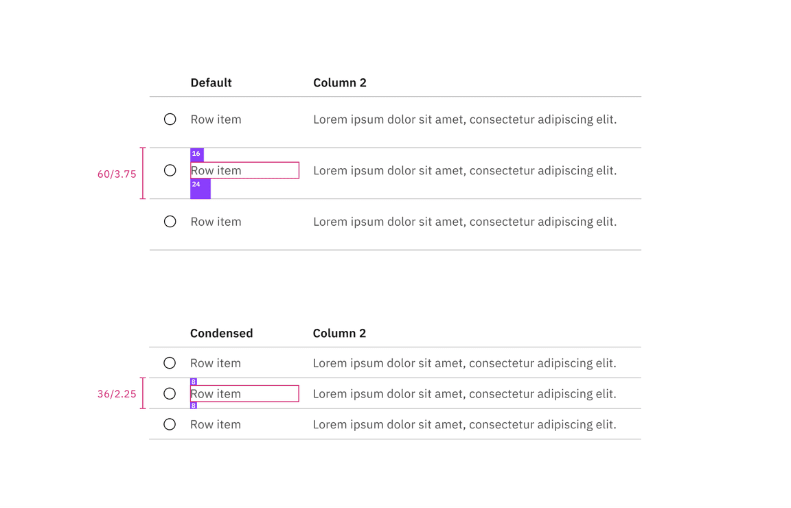 Sizes of structured list with selection